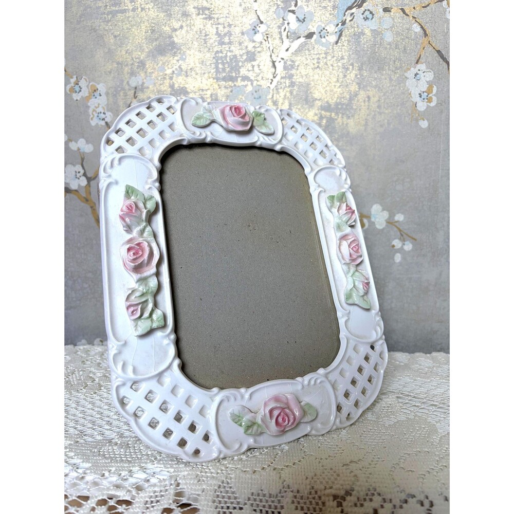 Vintage Ceramic Floral Picture Frame 5x7 White Lattice Porcelain with 3D Roses